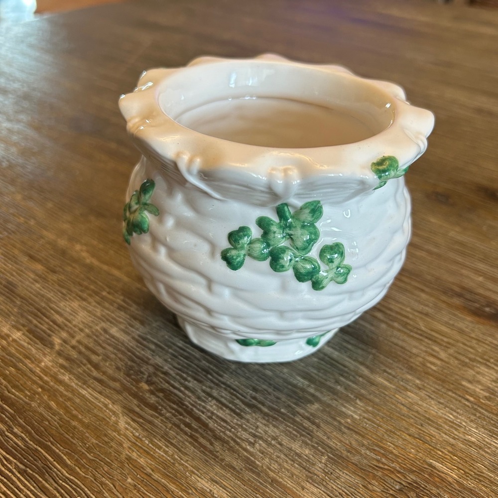 Vintage Shamrock Planter Cachepot White Ceramic Basket Weave Irish Clover 4.5"